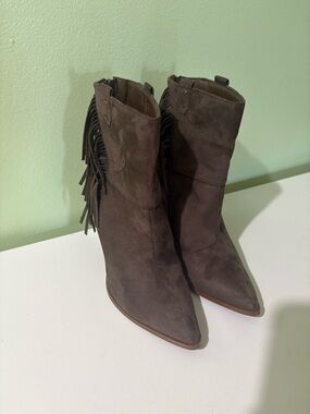 JustFab Brown Suede Fringe Pointed Toe Ankle Boots